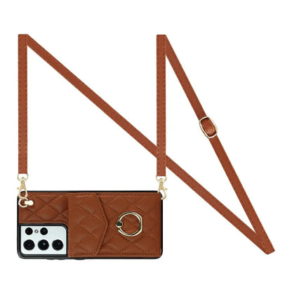 For Samsung Galaxy S21 Ultra 5G Case Card Bag Leather+TPU Crossbody Cover with Ring Kickstand