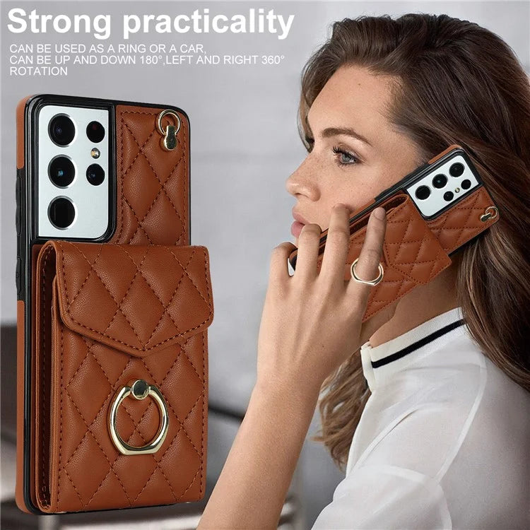 For Samsung Galaxy S21 Ultra 5G Case Card Bag Leather+TPU Crossbody Cover with Ring Kickstand