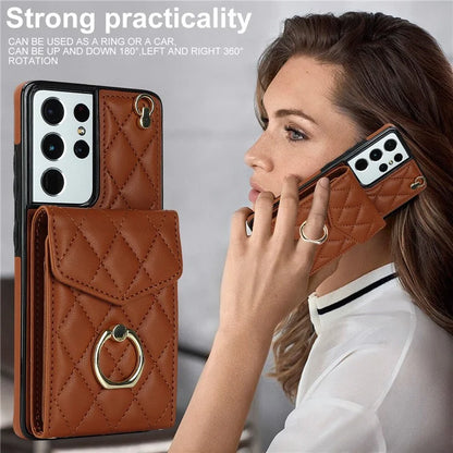 For Samsung Galaxy S21 Ultra 5G Case Card Bag Leather+TPU Crossbody Cover with Ring Kickstand