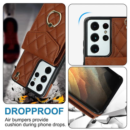 For Samsung Galaxy S21 Ultra 5G Case Card Bag Leather+TPU Crossbody Cover with Ring Kickstand