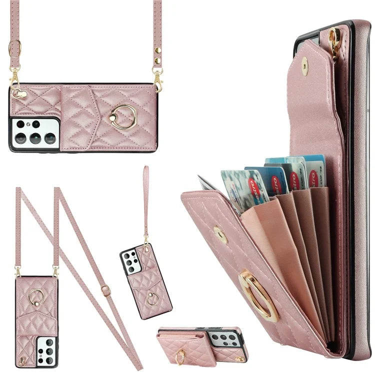 For Samsung Galaxy S21 Ultra 5G Case Card Bag Leather+TPU Crossbody Cover with Ring Kickstand