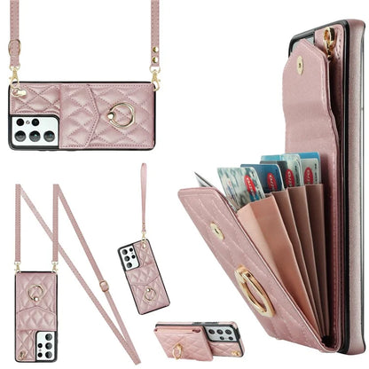 For Samsung Galaxy S21 Ultra 5G Case Card Bag Leather+TPU Crossbody Cover with Ring Kickstand
