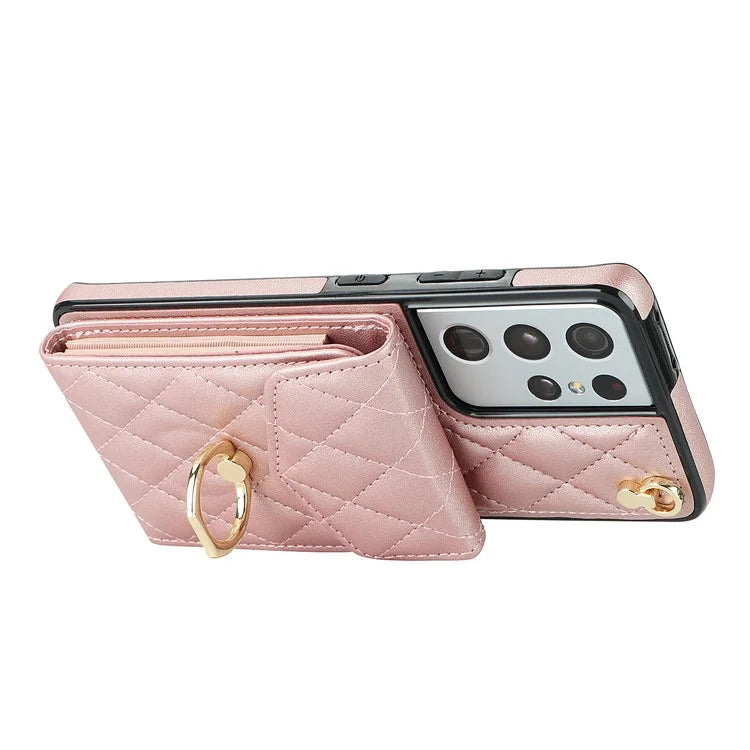 For Samsung Galaxy S21 Ultra 5G Case Card Bag Leather+TPU Crossbody Cover with Ring Kickstand