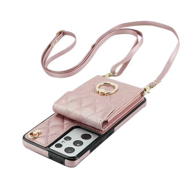 For Samsung Galaxy S21 Ultra 5G Case Card Bag Leather+TPU Crossbody Cover with Ring Kickstand