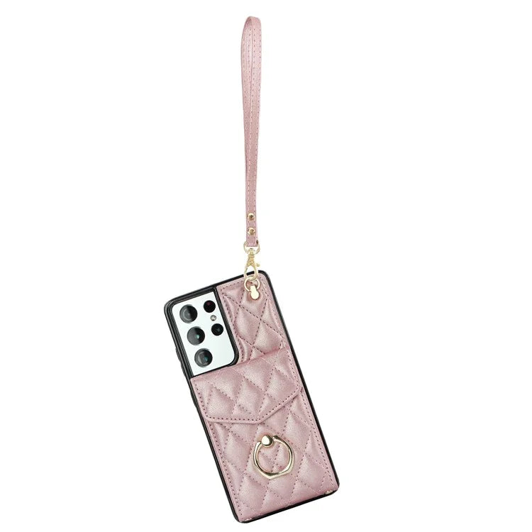 For Samsung Galaxy S21 Ultra 5G Case Card Bag Leather+TPU Crossbody Cover with Ring Kickstand