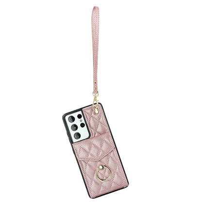 For Samsung Galaxy S21 Ultra 5G Case Card Bag Leather+TPU Crossbody Cover with Ring Kickstand
