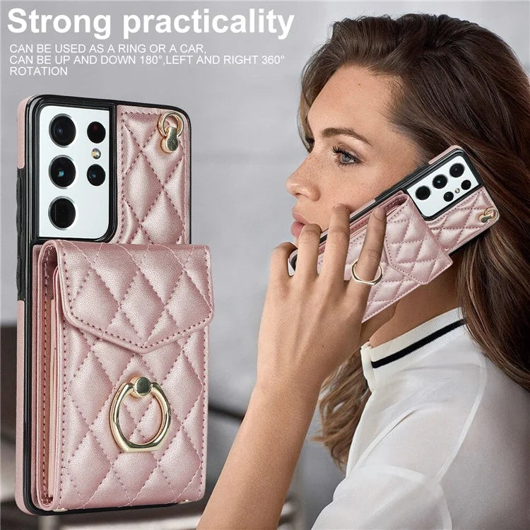 For Samsung Galaxy S21 Ultra 5G Case Card Bag Leather+TPU Crossbody Cover with Ring Kickstand