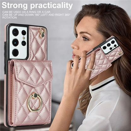 For Samsung Galaxy S21 Ultra 5G Case Card Bag Leather+TPU Crossbody Cover with Ring Kickstand