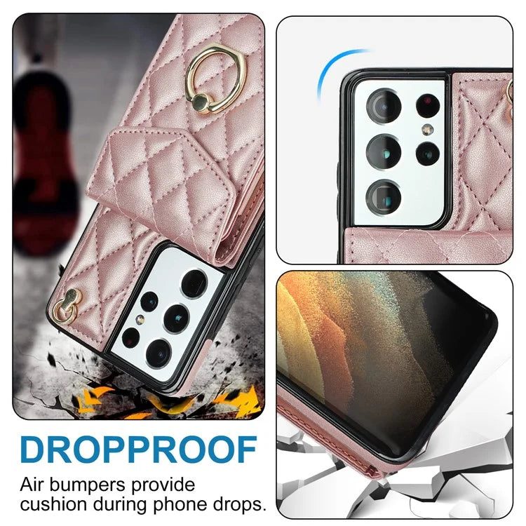 For Samsung Galaxy S21 Ultra 5G Case Card Bag Leather+TPU Crossbody Cover with Ring Kickstand