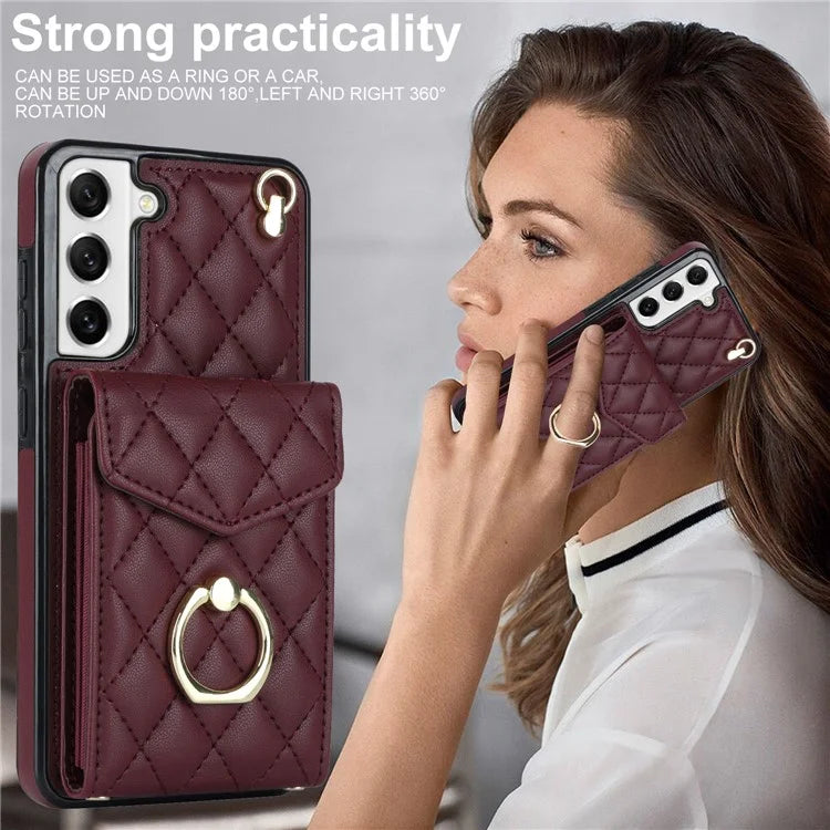 For Samsung Galaxy S21 5G / 4G Cell Phone Case Card Bag Leather+TPU Anti-fall Cover with 2 Straps