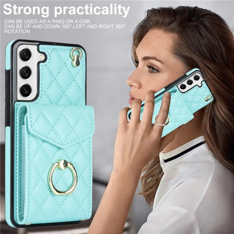 For Samsung Galaxy S21 5G / 4G Cell Phone Case Card Bag Leather+TPU Anti-fall Cover with 2 Straps