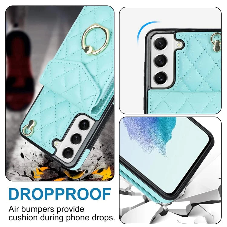 For Samsung Galaxy S21 5G / 4G Cell Phone Case Card Bag Leather+TPU Anti-fall Cover with 2 Straps