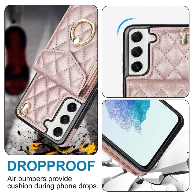 For Samsung Galaxy S21 5G / 4G Cell Phone Case Card Bag Leather+TPU Anti-fall Cover with 2 Straps