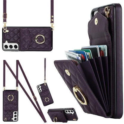 For Samsung Galaxy S21 5G / 4G Cell Phone Case Card Bag Leather+TPU Anti-fall Cover with 2 Straps