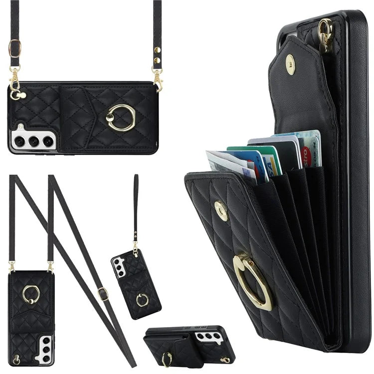 For Samsung Galaxy S21 5G / 4G Cell Phone Case Card Bag Leather+TPU Anti-fall Cover with 2 Straps
