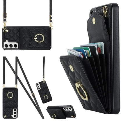For Samsung Galaxy S21 5G / 4G Cell Phone Case Card Bag Leather+TPU Anti-fall Cover with 2 Straps
