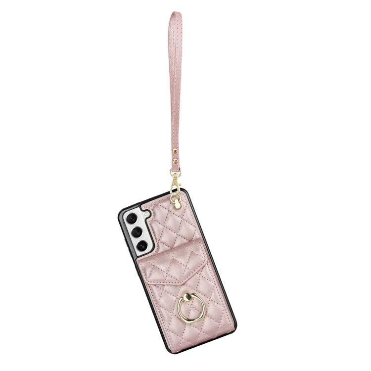 For Samsung Galaxy S23 Cell Phone Case Card Holder Ring Kickstand PU Leather+TPU Back Cover