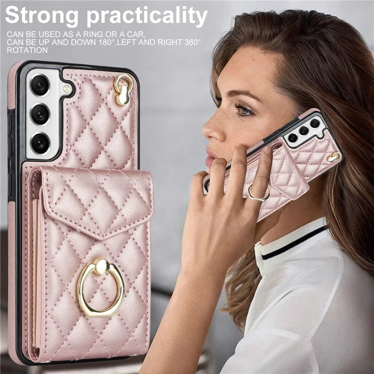 For Samsung Galaxy S23 Cell Phone Case Card Holder Ring Kickstand PU Leather+TPU Back Cover