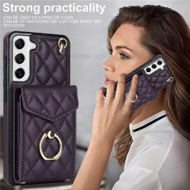 For Samsung Galaxy S23 Cell Phone Case Card Holder Ring Kickstand PU Leather+TPU Back Cover