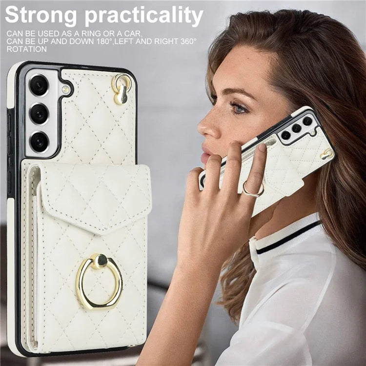 For Samsung Galaxy S23 Cell Phone Case Card Holder Ring Kickstand PU Leather+TPU Back Cover