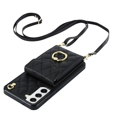 For Samsung Galaxy S23 Cell Phone Case Card Holder Ring Kickstand PU Leather+TPU Back Cover