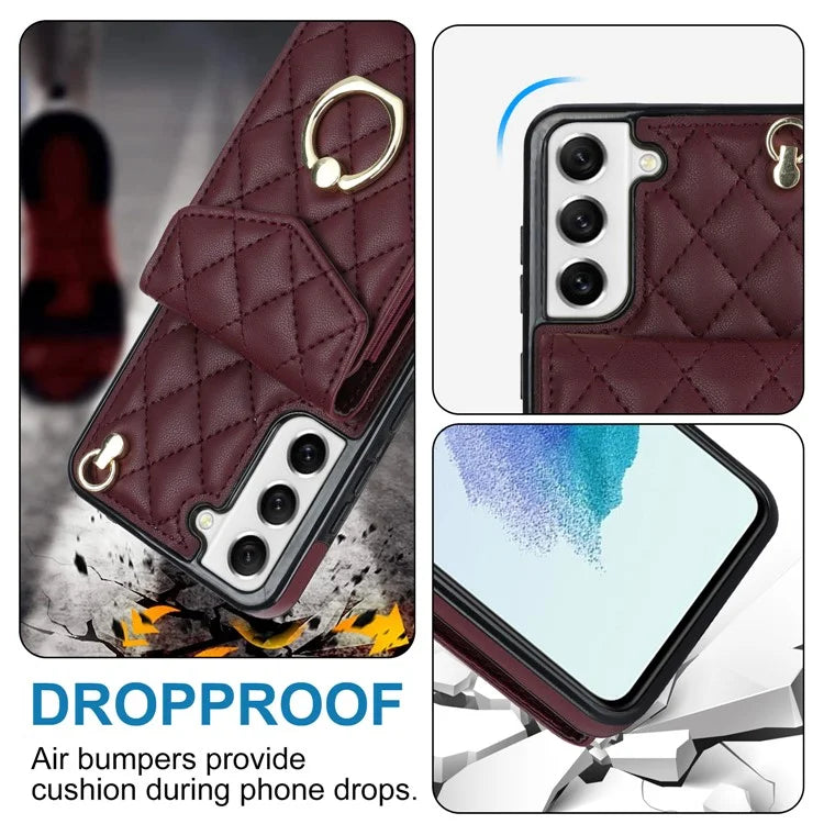 For Samsung Galaxy S22+ 5G Cell Phone Case Rhombus Pattern Card Bag PU+TPU Cover with 2 Straps