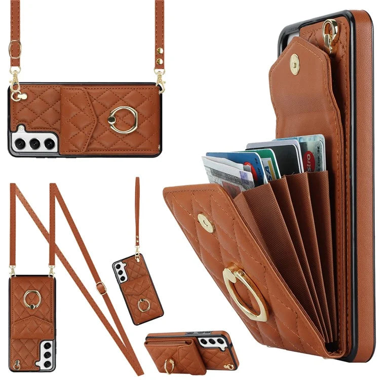 For Samsung Galaxy S22+ 5G Cell Phone Case Rhombus Pattern Card Bag PU+TPU Cover with 2 Straps