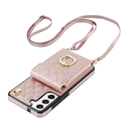 For Samsung Galaxy S22+ 5G Cell Phone Case Rhombus Pattern Card Bag PU+TPU Cover with 2 Straps