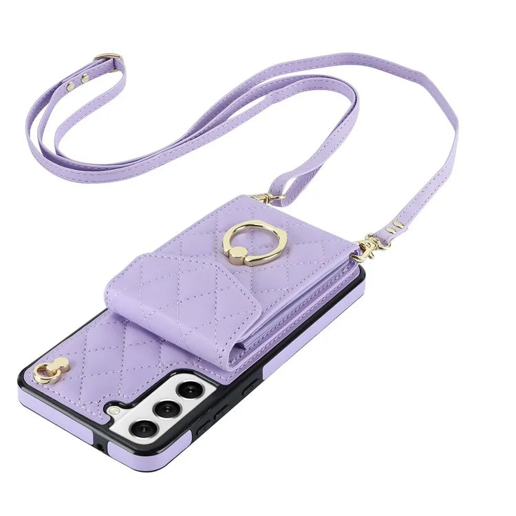 For Samsung Galaxy S22+ 5G Cell Phone Case Rhombus Pattern Card Bag PU+TPU Cover with 2 Straps