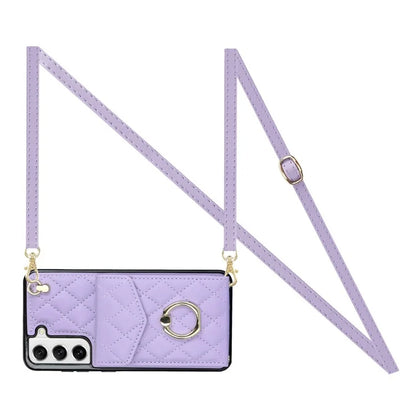 For Samsung Galaxy S22+ 5G Cell Phone Case Rhombus Pattern Card Bag PU+TPU Cover with 2 Straps