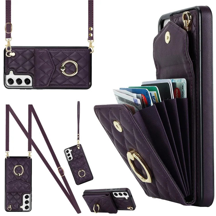 For Samsung Galaxy S22+ 5G Cell Phone Case Rhombus Pattern Card Bag PU+TPU Cover with 2 Straps