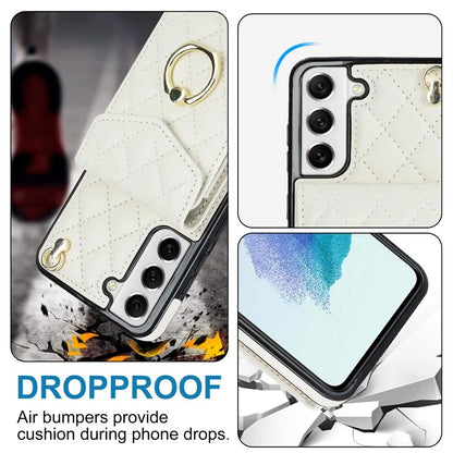 For Samsung Galaxy S22+ 5G Cell Phone Case Rhombus Pattern Card Bag PU+TPU Cover with 2 Straps