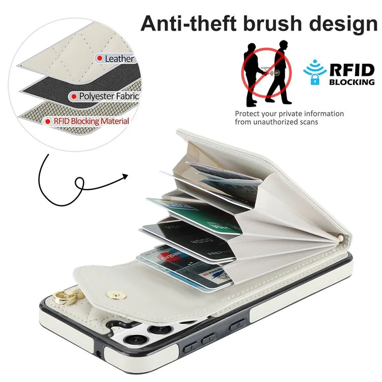 For Samsung Galaxy S22+ 5G Cell Phone Case Rhombus Pattern Card Bag PU+TPU Cover with 2 Straps