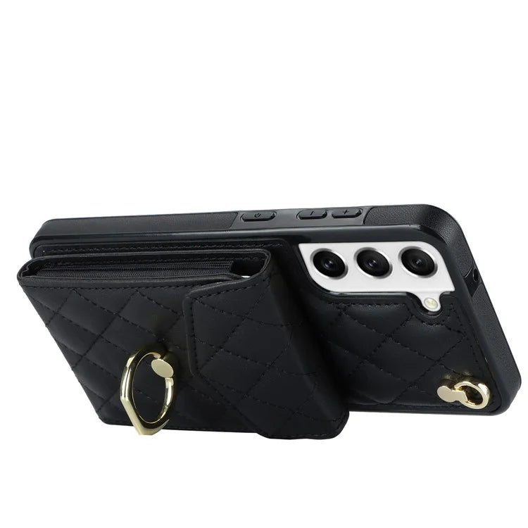 For Samsung Galaxy S22+ 5G Cell Phone Case Rhombus Pattern Card Bag PU+TPU Cover with 2 Straps
