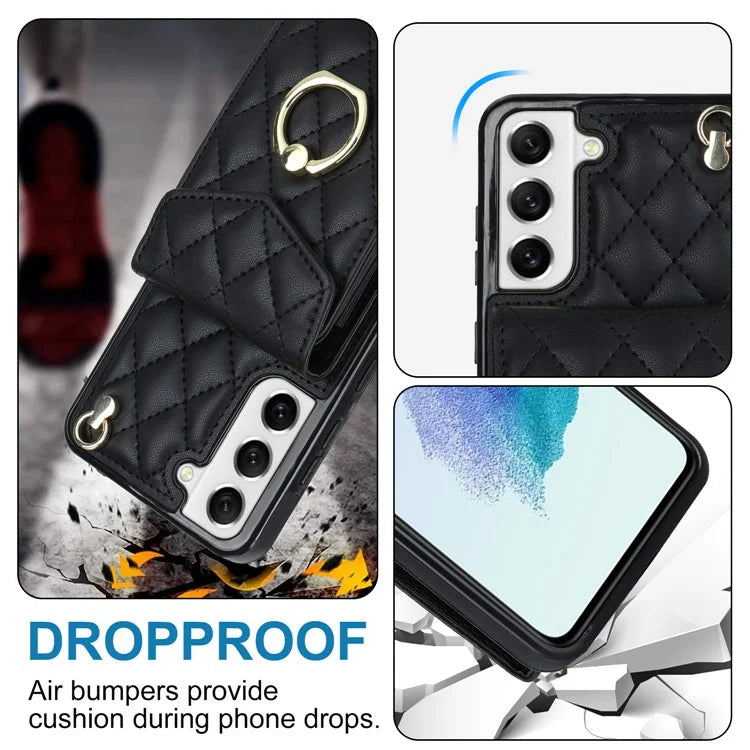 For Samsung Galaxy S22+ 5G Cell Phone Case Rhombus Pattern Card Bag PU+TPU Cover with 2 Straps