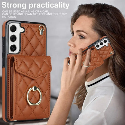 For Samsung Galaxy S21 FE 5G Case Rhombus Pattern Card Bag Leather+TPU Phone Cover with 2 Straps