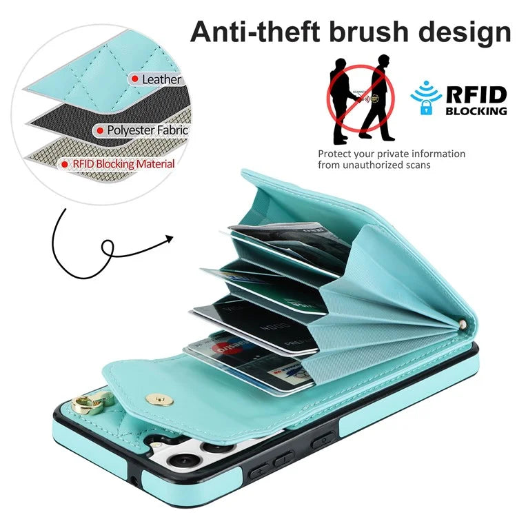 For Samsung Galaxy S21 FE 5G Case Rhombus Pattern Card Bag Leather+TPU Phone Cover with 2 Straps