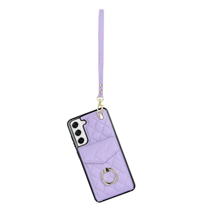 For Samsung Galaxy S21 FE 5G Case Rhombus Pattern Card Bag Leather+TPU Phone Cover with 2 Straps