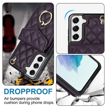 For Samsung Galaxy S21 FE 5G Case Rhombus Pattern Card Bag Leather+TPU Phone Cover with 2 Straps