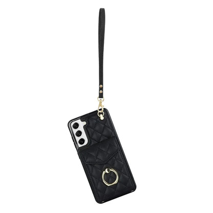 For Samsung Galaxy S21 FE 5G Case Rhombus Pattern Card Bag Leather+TPU Phone Cover with 2 Straps