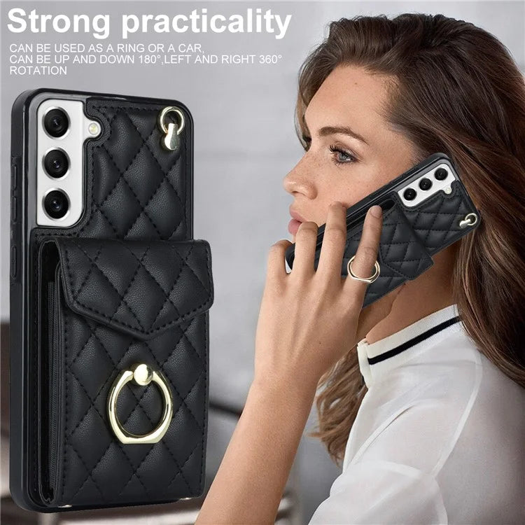 For Samsung Galaxy S21 FE 5G Case Rhombus Pattern Card Bag Leather+TPU Phone Cover with 2 Straps