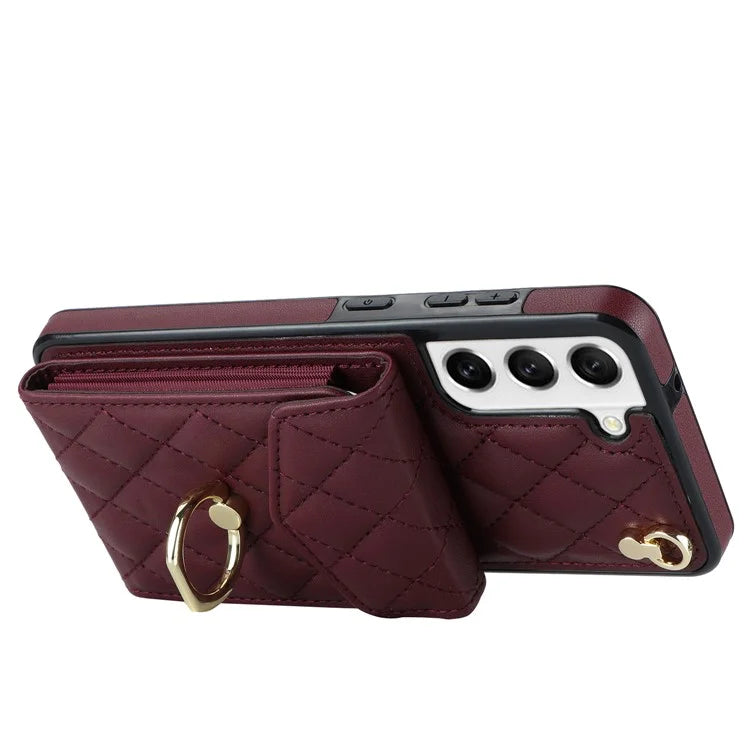 For Samsung Galaxy S21+ 5G Cell Phone Case Card Holder Ring Kickstand PU+TPU Anti-scratch Cover