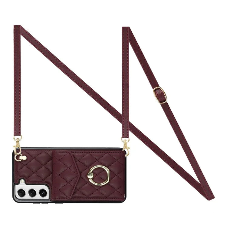 For Samsung Galaxy S21+ 5G Cell Phone Case Card Holder Ring Kickstand PU+TPU Anti-scratch Cover