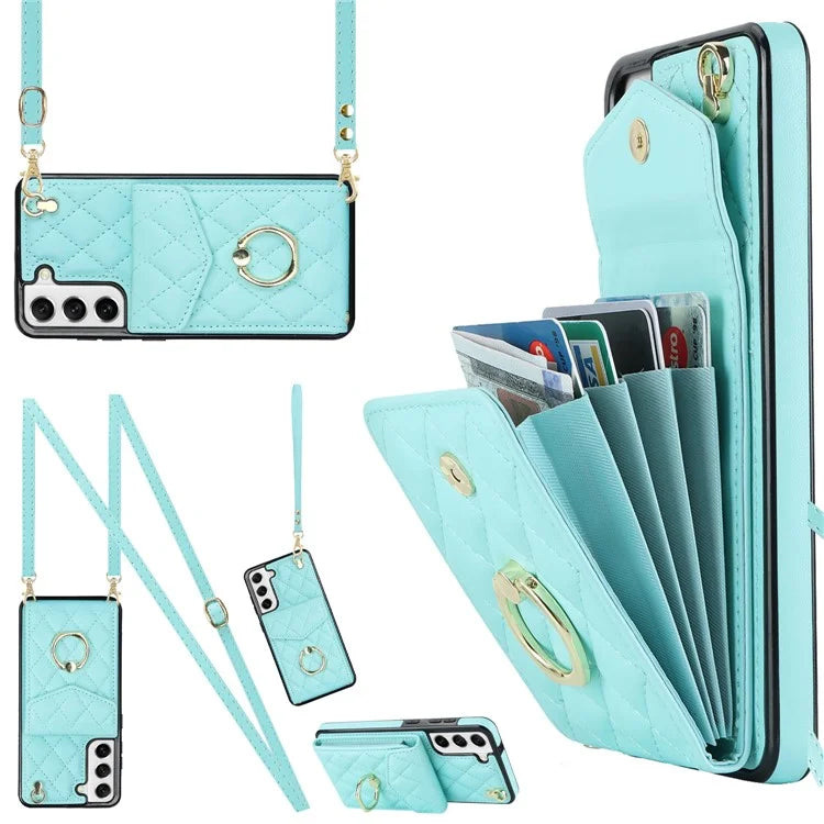 For Samsung Galaxy S21+ 5G Cell Phone Case Card Holder Ring Kickstand PU+TPU Anti-scratch Cover