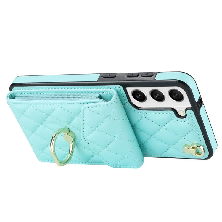 For Samsung Galaxy S21+ 5G Cell Phone Case Card Holder Ring Kickstand PU+TPU Anti-scratch Cover