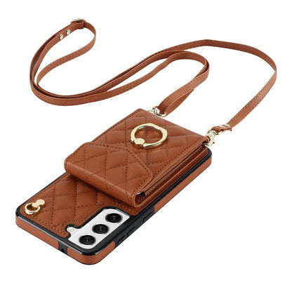 For Samsung Galaxy S21+ 5G Cell Phone Case Card Holder Ring Kickstand PU+TPU Anti-scratch Cover