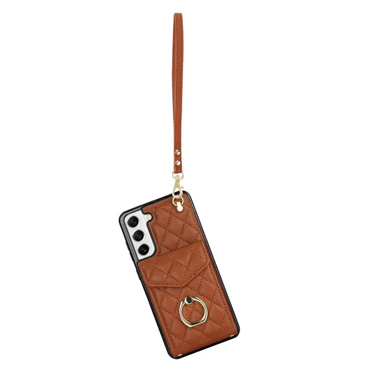 For Samsung Galaxy S21+ 5G Cell Phone Case Card Holder Ring Kickstand PU+TPU Anti-scratch Cover