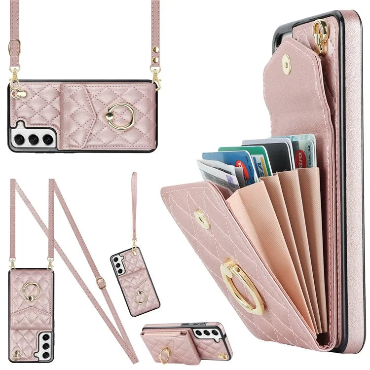 For Samsung Galaxy S21+ 5G Cell Phone Case Card Holder Ring Kickstand PU+TPU Anti-scratch Cover