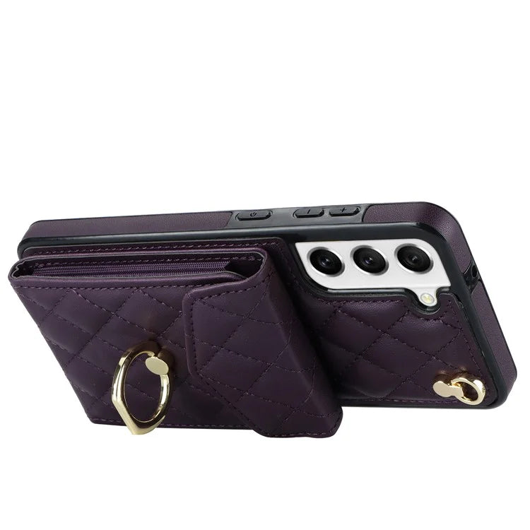 For Samsung Galaxy S21+ 5G Cell Phone Case Card Holder Ring Kickstand PU+TPU Anti-scratch Cover
