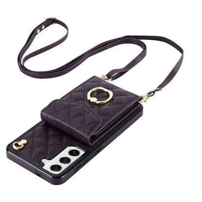 For Samsung Galaxy S21+ 5G Cell Phone Case Card Holder Ring Kickstand PU+TPU Anti-scratch Cover
